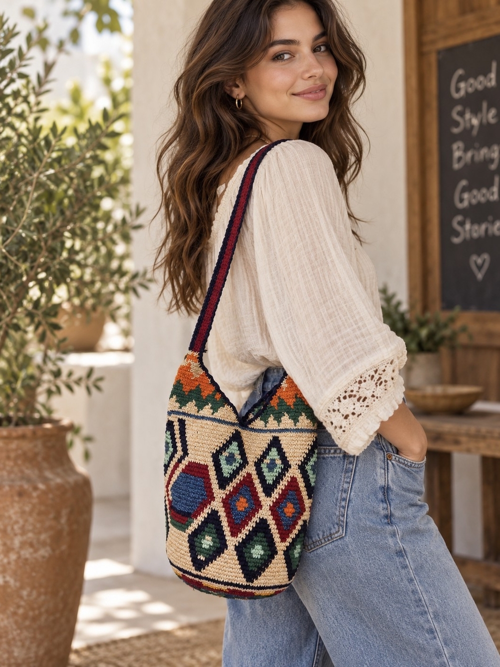 Handwoven Crochet Multicolor Geometric Shoulder Boho Bag